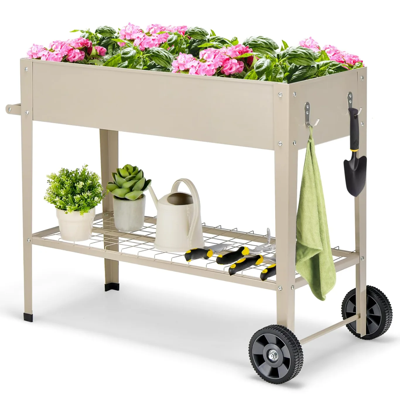 HOMASIS Hochbeet mit Ablage aus Netz & 2 Rollen, Blumenbeet aus Metall, erhöhtes Gartenbeet mit 2 Haken & Griff, Frühbeet Blumenkasten hoher Rollwagen für Garten Balkon Terrasse, 95 x 40 x 80cm, Beige - Bild 1