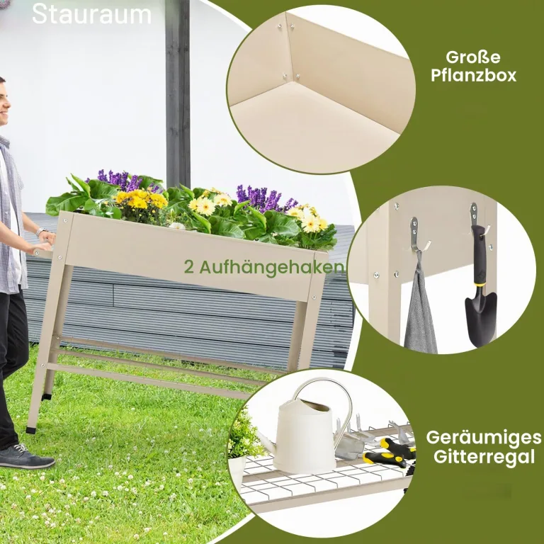 HOMASIS Hochbeet mit Ablage aus Netz & 2 Rollen, Blumenbeet aus Metall, erhöhtes Gartenbeet mit 2 Haken & Griff, Frühbeet Blumenkasten hoher Rollwagen für Garten Balkon Terrasse, 95 x 40 x 80cm, Beige – Bild 3