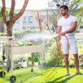 HOMASIS Hochbeet mit Ablage aus Netz & 2 Rollen, Blumenbeet aus Metall, erhöhtes Gartenbeet mit 2 Haken & Griff, Frühbeet Blumenkasten hoher Rollwagen für Garten Balkon Terrasse, 95 x 40 x 80cm, Beige - Thumbnail 7