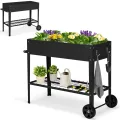 HOMASIS Hochbeet mit Ablage aus Netz & 2 Rollen, Blumenbeet aus Metall, erhöhtes Gartenbeet mit 2 Haken & Griff, Frühbeet Blumenkasten hoher Rollwagen für Garten Balkon Terrasse, 95 x 40 x 80cm, Beige - Thumbnail 8
