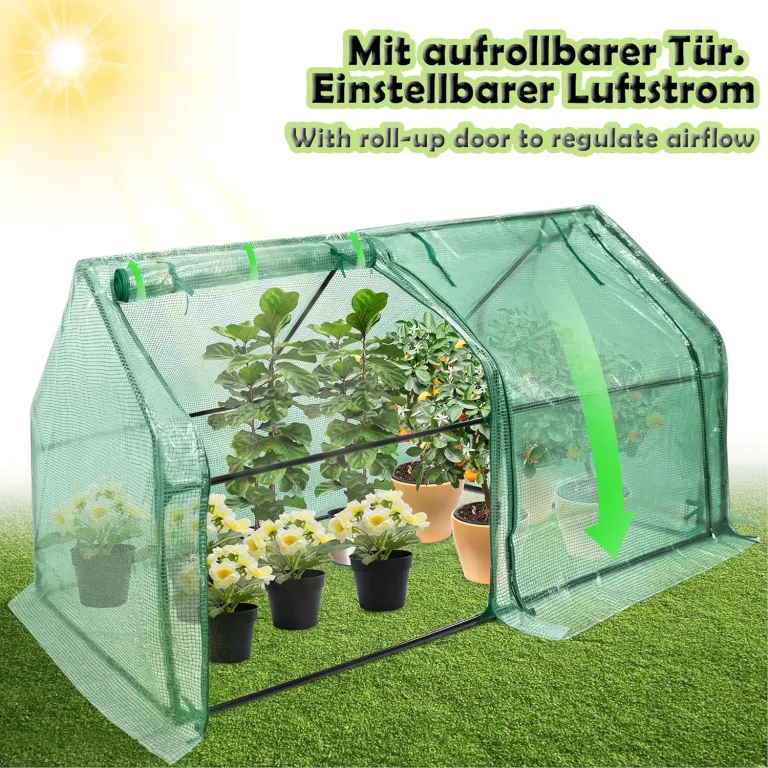 Gewächshaus Foliengewächshaus Tomatenhaus Frühbeet mit 2 aufrollbare Tür, Isoliertasche, Spitzdach, niedrig, UV-beständige für Garten Aufzucht Pflanzen - Grün, 180 x 90 x 90cm – Bild 4