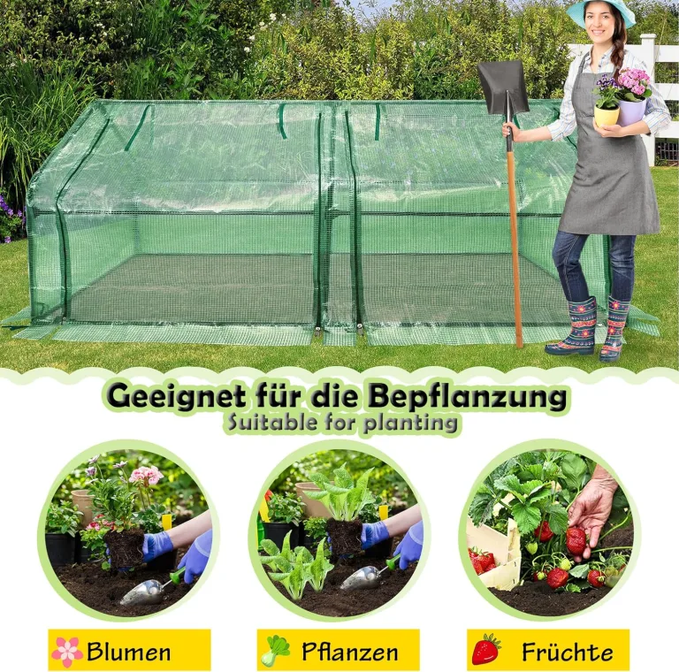 Gewächshaus Foliengewächshaus Tomatenhaus Frühbeet mit 2 aufrollbare Tür, Isoliertasche, Spitzdach, niedrig, UV-beständige für Garten Aufzucht Pflanzen - Grün, 180 x 90 x 90cm – Bild 5