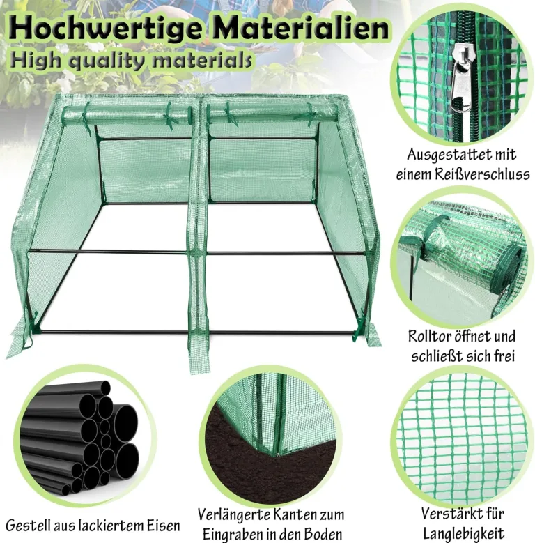 Gewächshaus Foliengewächshaus Tomatenhaus Frühbeet mit 2 aufrollbare Tür, Isoliertasche, Spitzdach, niedrig, UV-beständige für Garten Aufzucht Pflanzen - Grün, 180 x 90 x 90cm – Bild 2