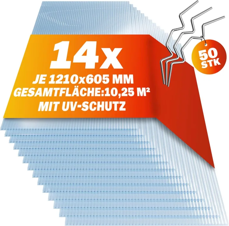 Gardebruk 14x Polycarbonat Hohlkammerstegplatten 4mm 50x Edelstahl Gewächshausklammern 10,25 m² Doppelstegplatte 1210x605 Stegplatte Gewächshausplatte – Bild 2