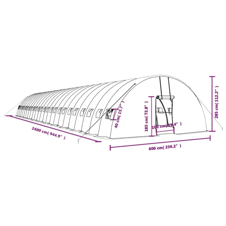vidaXL Gewächshaus, Foliengewächshaus mit Stahlrahmen, Tomatengewächshaus mit Reißverschlusstür Fenstern, Treibhaus Folientunnel Frühbeet, Weiß 144m² 24x6x2,85m – Bild 3
