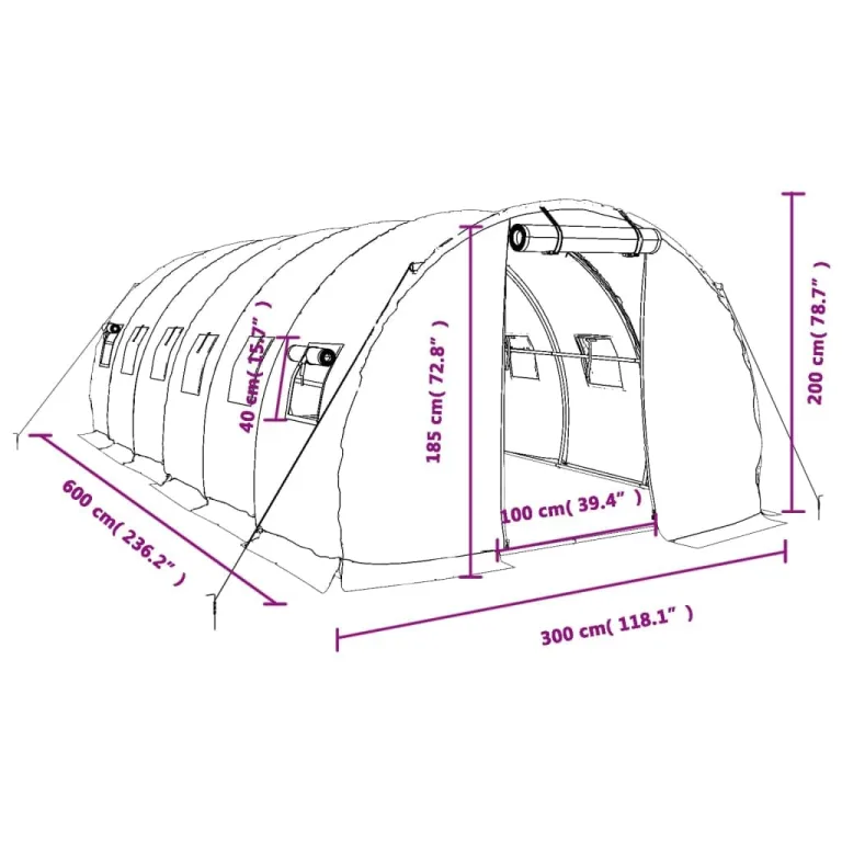 vidaXL Gewächshaus, Foliengewächshaus mit Stahlrahmen, Tomatengewächshaus mit Reißverschlusstür Fenstern, Treibhaus Folientunnel Frühbeet, Grün 18m² 6x3x2m – Bild 3