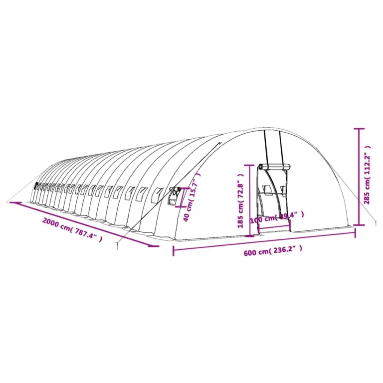 vidaXL Gewächshaus, Foliengewächshaus mit Stahlrahmen, Tomatengewächshaus mit Reißverschlusstür Fenstern, Treibhaus Folientunnel Frühbeet, Weiß 120m² 20x6x2,85m – Bild 3