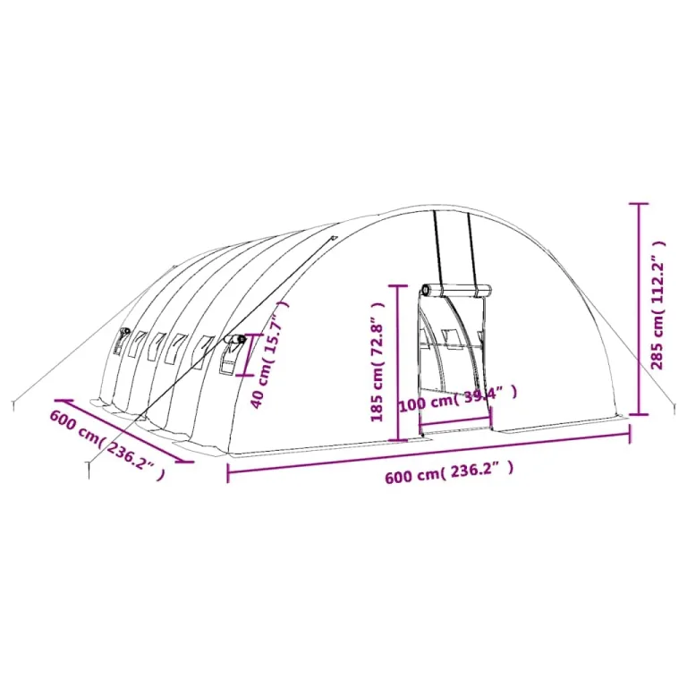 vidaXL Gewächshaus, Foliengewächshaus mit Stahlrahmen, Tomatengewächshaus mit Reißverschlusstür Fenstern, Treibhaus Folientunnel Frühbeet, Weiß 36m² 6x6x2,85m – Bild 3