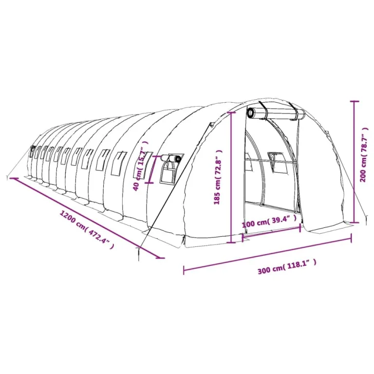 vidaXL Gewächshaus, Foliengewächshaus mit Stahlrahmen, Tomatengewächshaus mit Reißverschlusstür Fenstern, Treibhaus Folientunnel Frühbeet, Grün 36m² 12x3x2m – Bild 3