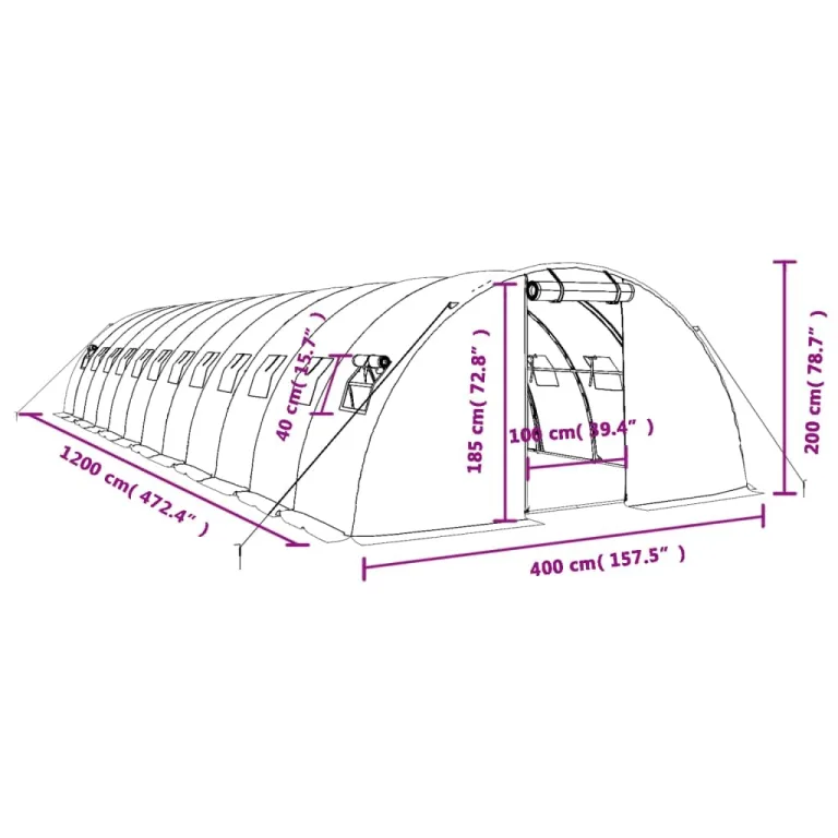 vidaXL Gewächshaus, Foliengewächshaus mit Stahlrahmen, Tomatengewächshaus mit Reißverschlusstür Fenstern, Treibhaus Folientunnel Frühbeet, Grün 48m² 12x4x2m – Bild 3