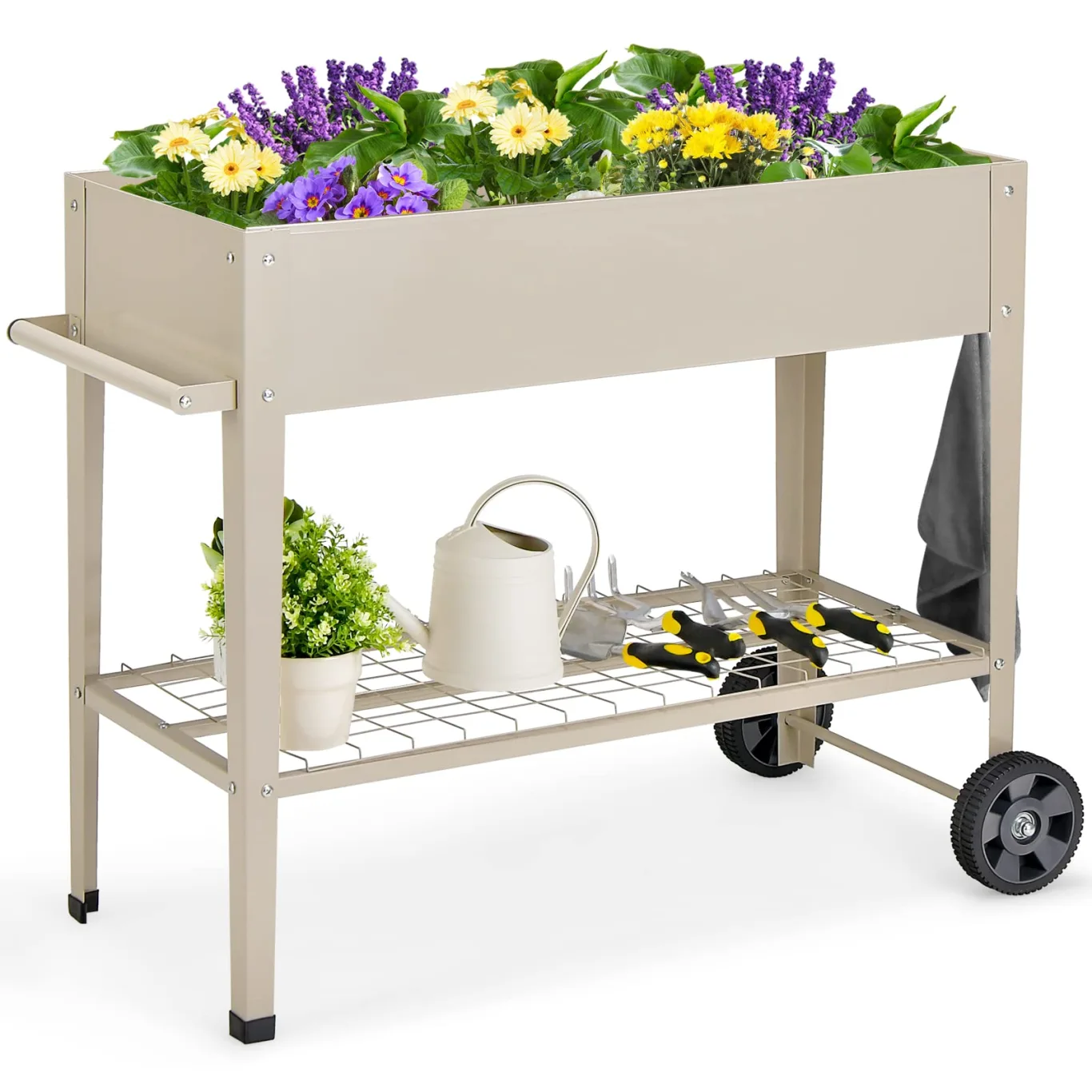 GOPLUS Hochbeet mit Rollen, erhöhtes Gartenbeet mit Bodenregal, Griff, Haken & Drainageloch, mobiles Pflanzbeet Metall, Pflanzkasten Outdoor, Blumenkasten für Garten, Terrasse & Balkon (Weiß) - Bild 1