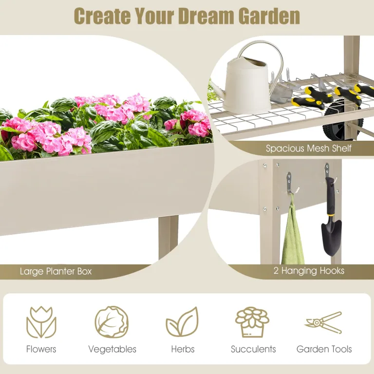 GOPLUS Hochbeet mit Rollen, erhöhtes Gartenbeet mit Bodenregal, Griff, Haken & Drainageloch, mobiles Pflanzbeet Metall, Pflanzkasten Outdoor, Blumenkasten für Garten, Terrasse & Balkon (Weiß) – Bild 2