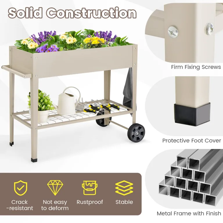 GOPLUS Hochbeet mit Rollen, erhöhtes Gartenbeet mit Bodenregal, Griff, Haken & Drainageloch, mobiles Pflanzbeet Metall, Pflanzkasten Outdoor, Blumenkasten für Garten, Terrasse & Balkon (Weiß) – Bild 5