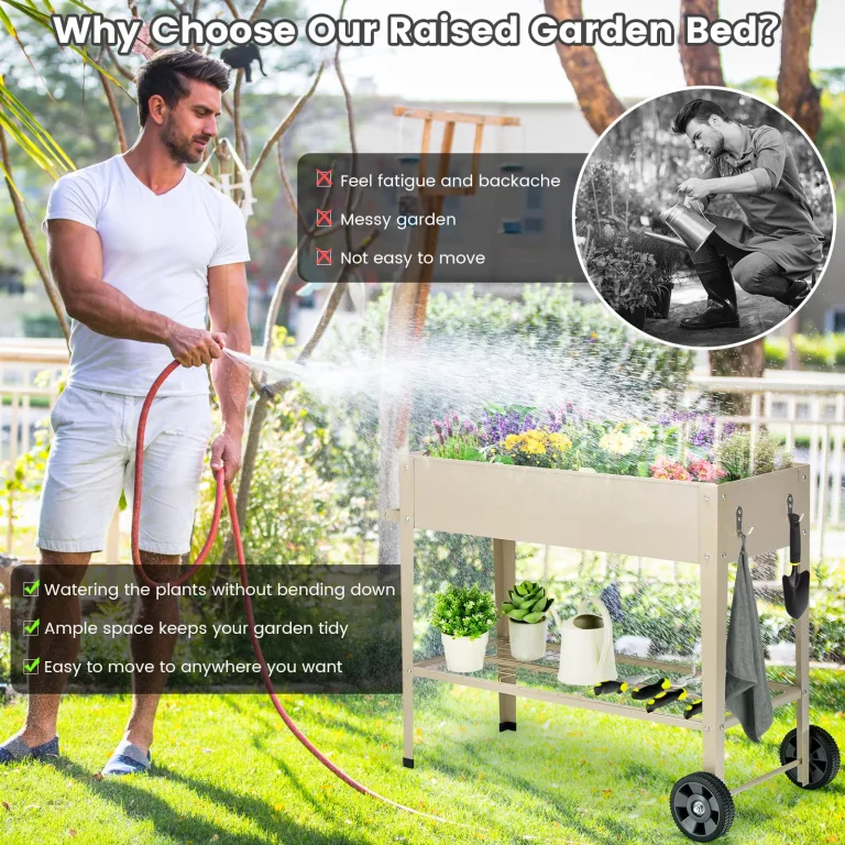 GOPLUS Hochbeet mit Rollen, erhöhtes Gartenbeet mit Bodenregal, Griff, Haken & Drainageloch, mobiles Pflanzbeet Metall, Pflanzkasten Outdoor, Blumenkasten für Garten, Terrasse & Balkon (Weiß) – Bild 8