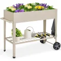 GOPLUS Hochbeet mit Rollen, erhöhtes Gartenbeet mit Bodenregal, Griff, Haken & Drainageloch, mobiles Pflanzbeet Metall, Pflanzkasten Outdoor, Blumenkasten für Garten, Terrasse & Balkon (Weiß) - Thumbnail 1