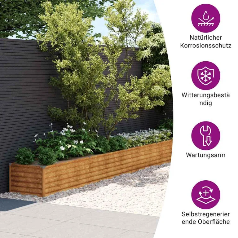 vidaXL Hochbeet, Wetterfest Pflanzkasten mit viel Platz, Pflanzkübel Blumenkasten für Balkon Garten, Blumenkübel Gemüsebeet, 770x50x36 cm Cortenstahl – Bild 4