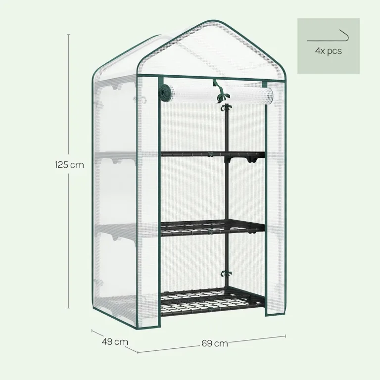 WOLTU Gewächshaus, Foliengewächshaus für Balkon Garten Terrasse, Tomatengewächshaus mit 3 Ablagen Tür, Winterfest stabil platzsparend, 69 x 125 x 49 cm, Weiß – Bild 8
