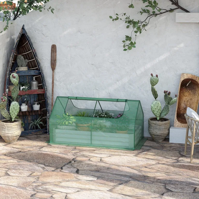 Outsunny Hochbeet mit Gewächshaus, Pflanzkasten aus Stahl mit Kunststoffabdeckung, aufrollbares Fenster, Doppelnutzung für Blumen, Gemüse, Obst und Kräuter, 185L x 95B x 92H cm, Grün – Bild 2