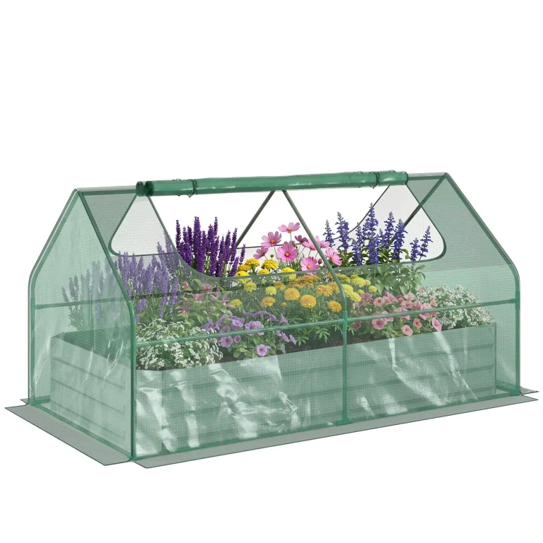 Outsunny Hochbeet mit Gewächshaus, Pflanzkasten aus Stahl mit Kunststoffabdeckung, aufrollbares Fenster, Doppelnutzung für Blumen, Gemüse, Obst und Kräuter, 185L x 95B x 92H cm, Grün – Bild 1
