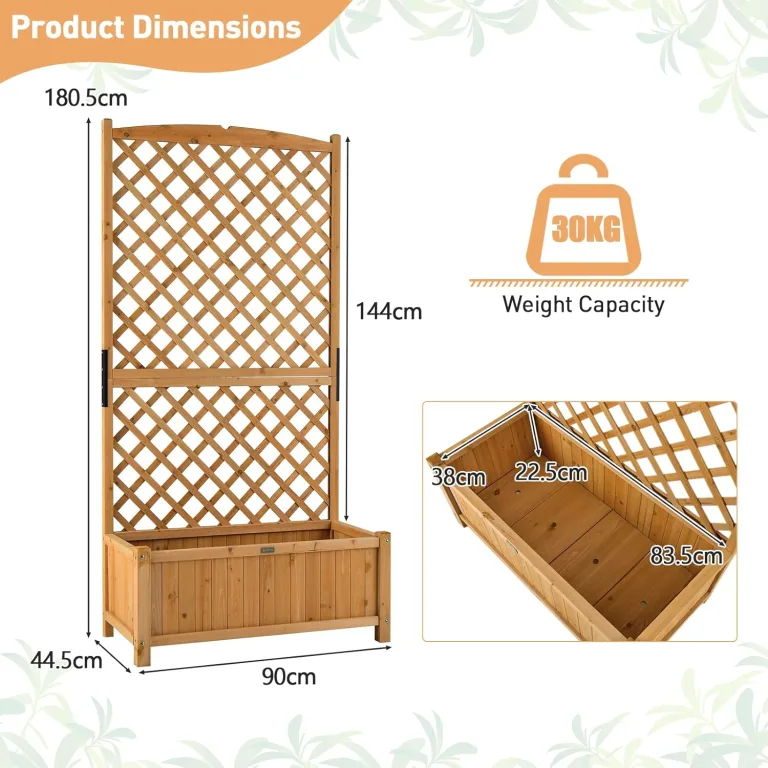 HOMASIS Pflanzkübel mit Rankgitter, Blumenkasten mit Spalier, Pflanzkasten Pflanzgefäß aus Holz, Hochbeet Rankkasten Gartenspalier für Balkon, Garten, Terrasse, 90 x 44,5 x 180,5 cm (Orange) – Bild 7