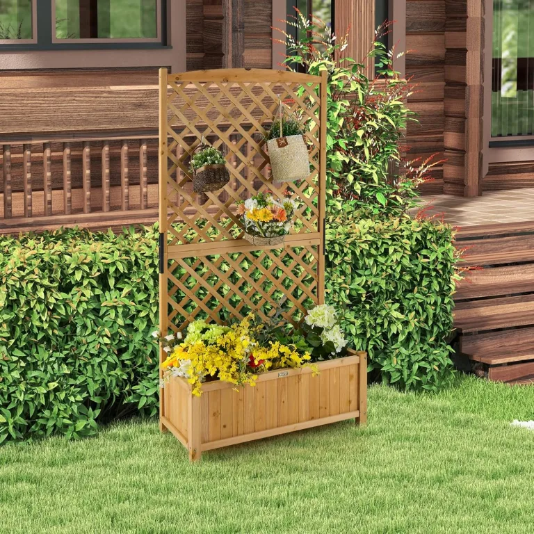 HOMASIS Pflanzkübel mit Rankgitter, Blumenkasten mit Spalier, Pflanzkasten Pflanzgefäß aus Holz, Hochbeet Rankkasten Gartenspalier für Balkon, Garten, Terrasse, 90 x 44,5 x 180,5 cm (Orange) – Bild 10