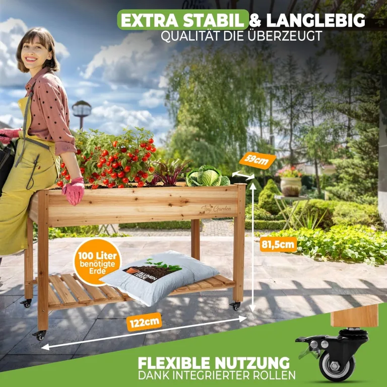 Premium Hochbeet aus Holz mit Rollen für Balkon 122x59x81,5cm perfektes Hochbeet für Kinder oder als Kräuterbeet für die Terrasse, Erdbeerbeet – Bild 2