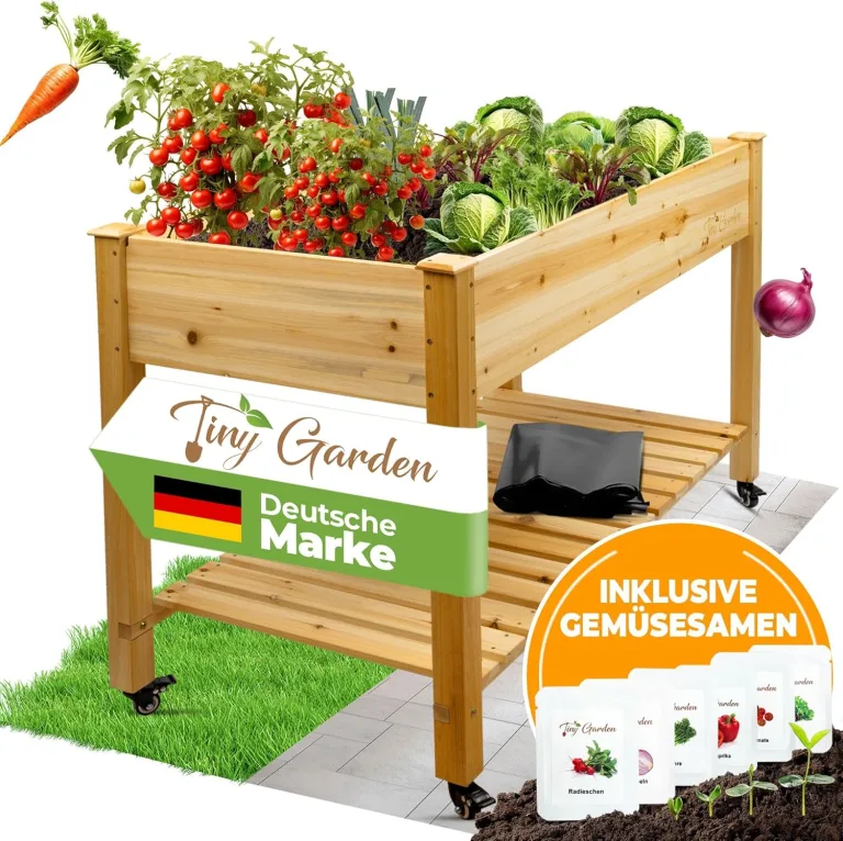 Premium Hochbeet aus Holz mit Rollen für Balkon 122x59x81,5cm perfektes Hochbeet für Kinder oder als Kräuterbeet für die Terrasse, Erdbeerbeet – Bild 1