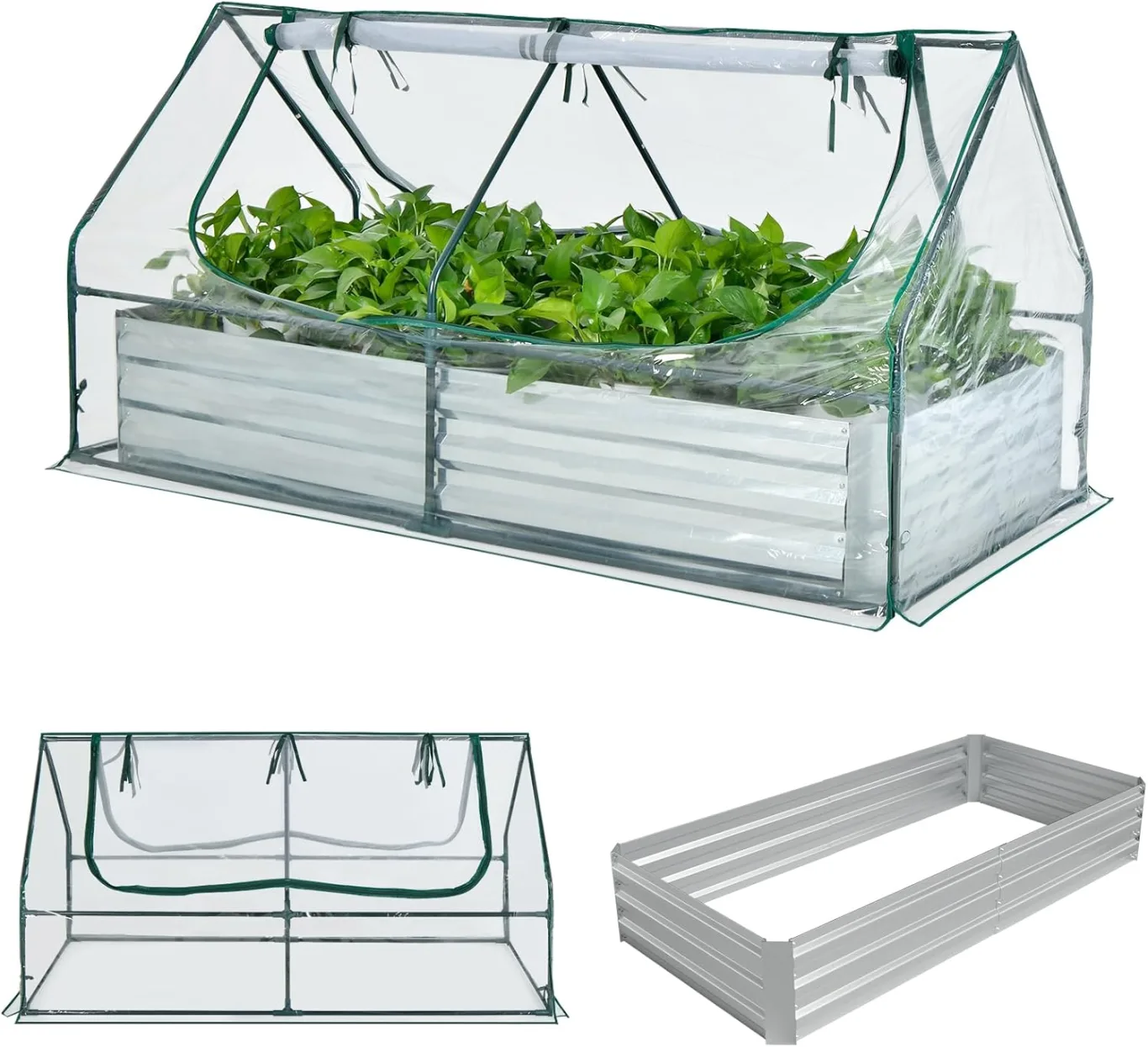 HOMASIS 2 in 1 Gewächshaus mit Hochbeet, Foliengewächshaus Winterschutz, Frühbeet aus Metall & PVC-Folie, Tomatenhaus mit 2 Fenstern, Blumenkasten für Garten Balkon (Silber+Grün, 180 × 90 × 91 cm) - Bild 1