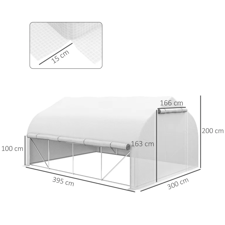 Outsunny Gewächshaus für den Garten, 4 x 3 m, Tunnel-Gewächshaus mit PE-Abdeckung und Rollwand, Tür und 8 Netzfenster, inklusive Etiketten und Handschuhen, weiß – Bild 3