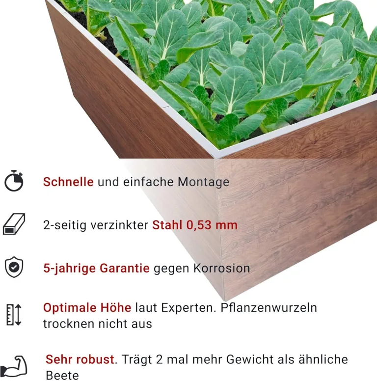 Hochbeet für Garten 200x100x63 cm Metall, Holzoptik - Hochbeet-Kit aus Premium-Polymerbeschichtetem Stahl, Rechteckig, Langlebiges Gartenbeet für Kräuter und Gemüse mit Maulwurfnetz – Bild 6