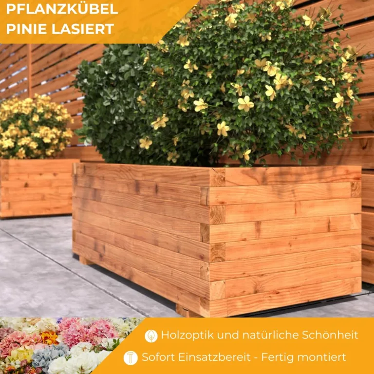 Mega Holz Pflanzkübel Pinie Lasiert 100x40 cm - Massiv & wetterfest - Fertig montierter Blumenkübel aus Kiefernholz - Rustikaler Blumentopf für Garten, Balkon & Terrasse, witterungsbeständig & robust – Bild 2