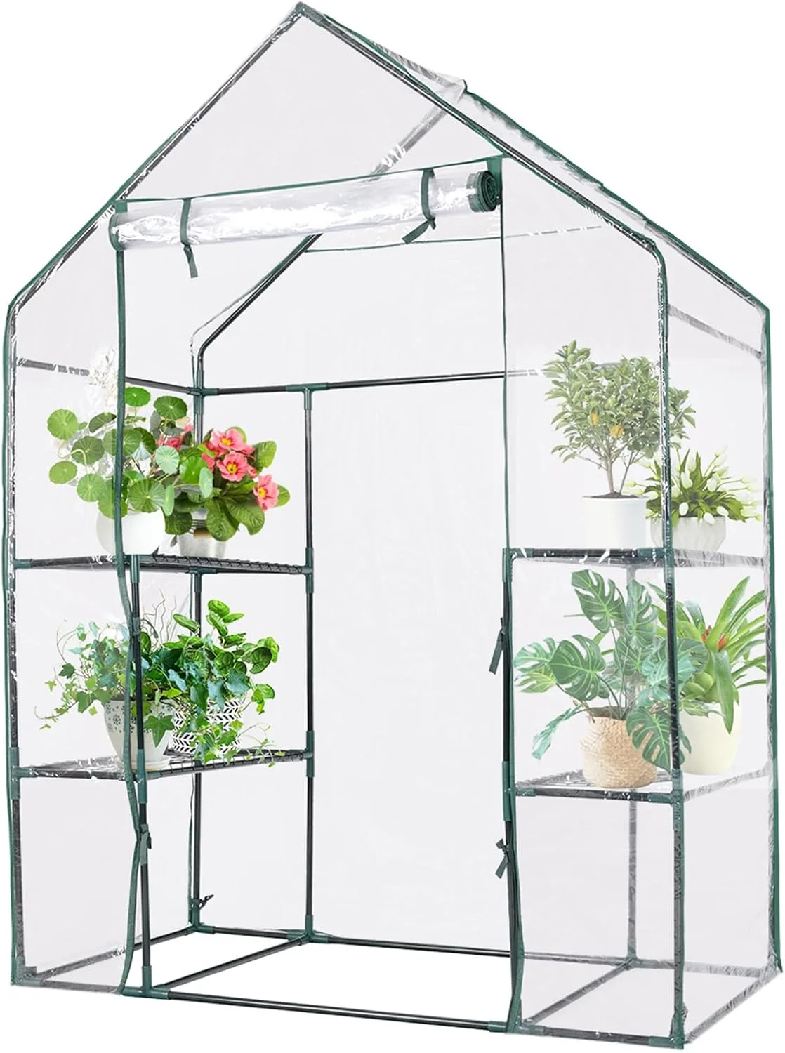 HOMASIS Gewächshaus mit 6 Ablageflächen, transparentes Foliengewächshaus aus PVC, Treibhaus mit Rolltor, Pflanzenhaus mit Metallrahmen, Blumenhaus für Winter, 143 x 73 x 195 cm, Weiß - Bild 1