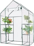 HOMASIS Gewächshaus mit 6 Ablageflächen, transparentes Foliengewächshaus aus PVC, Treibhaus mit Rolltor, Pflanzenhaus mit Metallrahmen, Blumenhaus für Winter, 143 x 73 x 195 cm, Weiß - Thumbnail 1