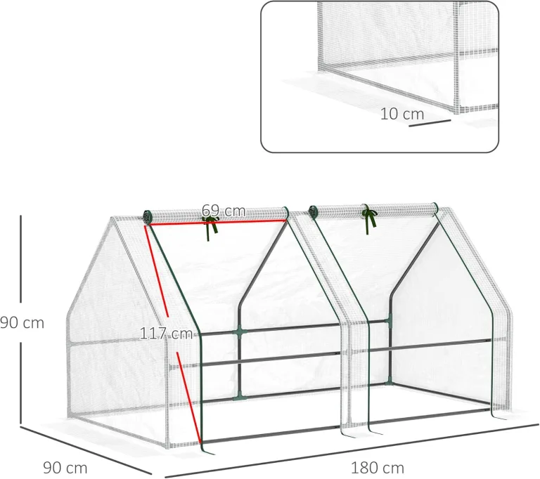 Outsunny Mini Gewächshaus Foliengewächshaus mit 2 Rollfenster, Wetterbeständige Frühbeet für Garten, Balkon, PE Folie, Stahl, Weiß, 180 x 90 x 90 cm – Bild 8