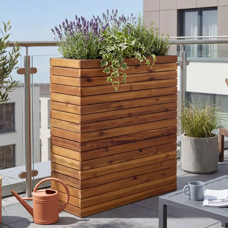 Pflanzkasten HWC-L21AM, Hochbeet Pflanzkübel Blumentopf, eckig 77x63x23cm Outdoor Akazie Holz FSC®-Zertifiziert, braun – Bild 1