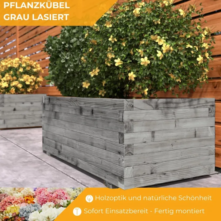 Pflanzkübel Grau Lasiert 60x40 cm - Massiv & wetterfest - Fertig montierter Blumenkübel aus Kiefernholz - Rustikaler Blumentopf für Garten, Balkon & Terrasse, witterungsbeständig & robust – Bild 3