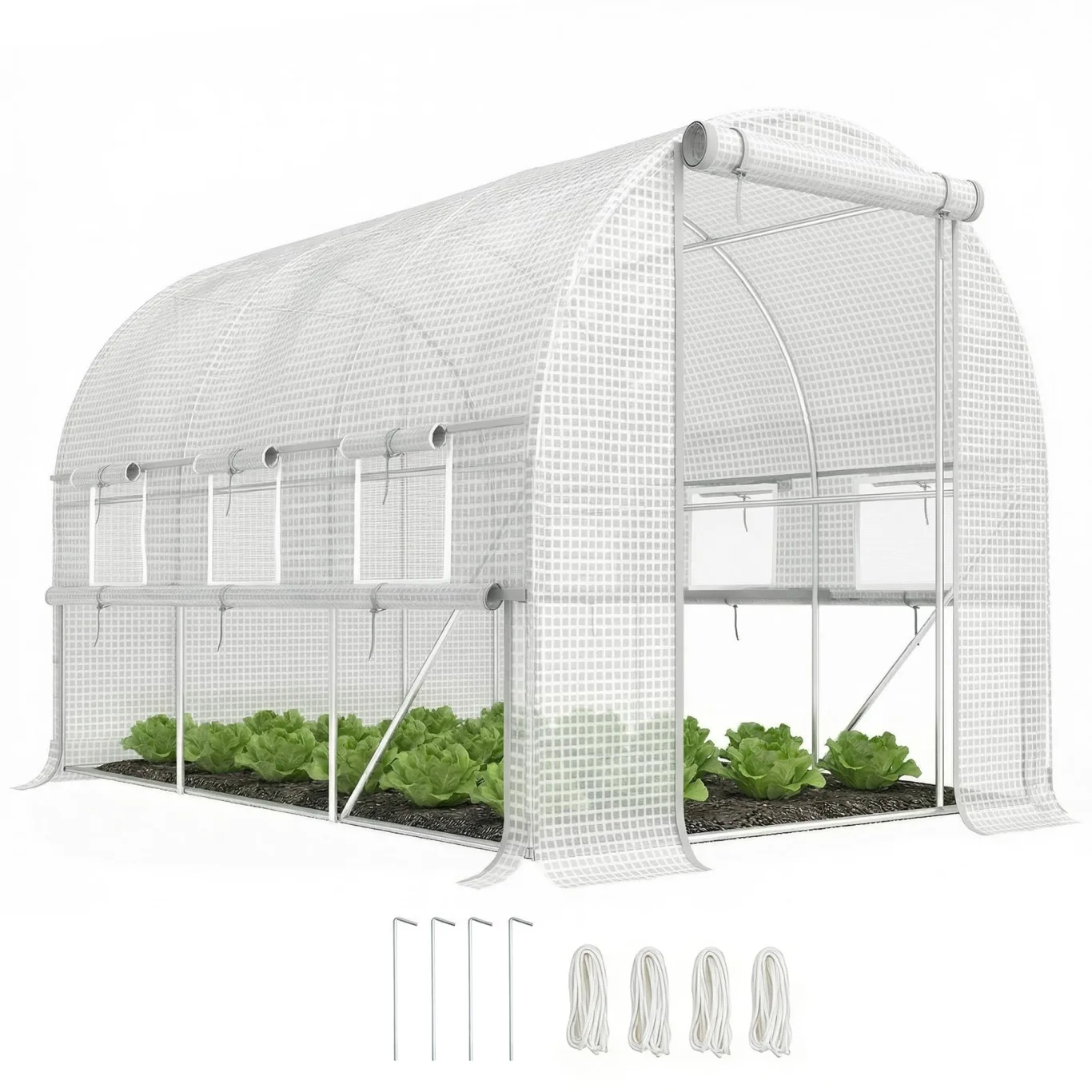 Outsunny Foliengewächshaus, 2,95 x 2 x 2 m Tunnel-Gewächshaus, Treibhaus mit aufrollbarem Fenster, UV-Schutz, Winddichtes Tomatenhaus, für Garten, Balkon, Stahl, Weiß - Bild 1