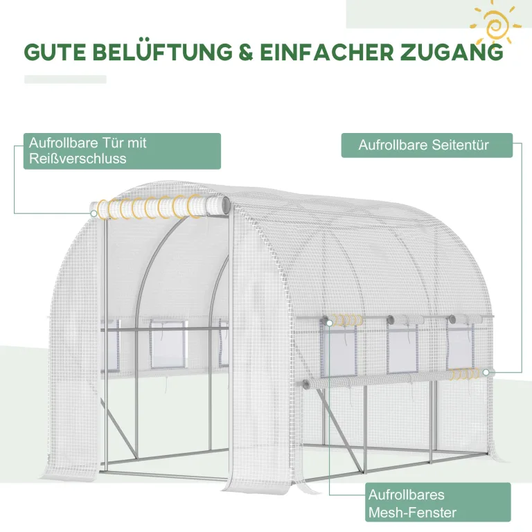 Outsunny Foliengewächshaus, 2,95 x 2 x 2 m Tunnel-Gewächshaus, Treibhaus mit aufrollbarem Fenster, UV-Schutz, Winddichtes Tomatenhaus, für Garten, Balkon, Stahl, Weiß – Bild 3