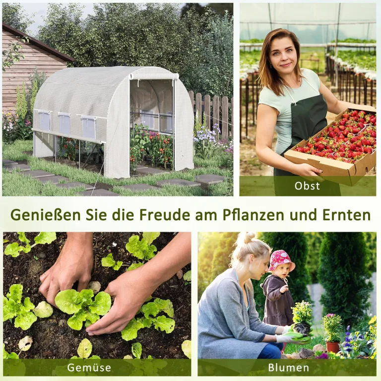 Outsunny Foliengewächshaus, 2,95 x 2 x 2 m Tunnel-Gewächshaus, Treibhaus mit aufrollbarem Fenster, UV-Schutz, Winddichtes Tomatenhaus, für Garten, Balkon, Stahl, Weiß – Bild 6