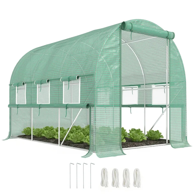 Outsunny Foliengewächshaus, 2,95 x 2 x 2 m Tunnel-Gewächshaus, Treibhaus mit aufrollbarem Fenster, UV-Schutz, Winddichtes Tomatenhaus, für Garten, Balkon, Stahl, Weiß – Bild 10