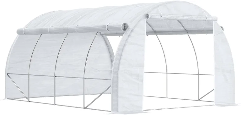 Outsunny Gewächshaus Foliengewächshaus mit UV-Schutz, 3,97 x 3 x 2 m Tomatenhaus mit Seitentür, Winddichtes Folientunnel Gewächshaus für Garten, Balkon, Stahl, Weiß