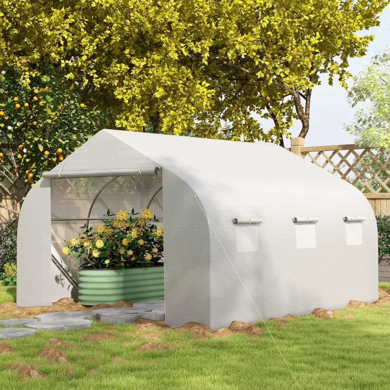Outsunny Foliengewächshaus, 3,5 x 3 x 3 m Gewächshaus, Tomatenhaus mit UV-Schutz, Mesh-Fenster, Winddichtes Treibhaus für Garten, Balkon, Metall, Weiß – Bild 10