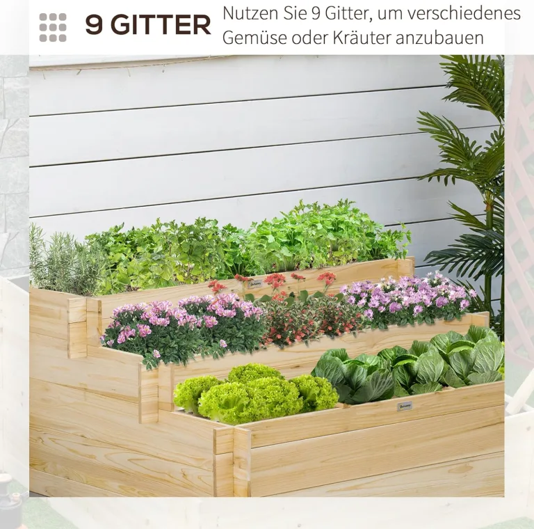 Outsunny Hochbeet Holz, Pflanzbeet Frühbeet Gartenbeet Blumentreppe Gemüsebeet 117 x 100 x 54 cm für Garten Balkon Terrasse, Pflanzentreppe für Blumen, Pflanzen,Obst, Gemüse – Bild 5