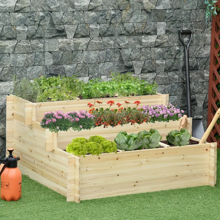 Outsunny Hochbeet Holz, Pflanzbeet Frühbeet Gartenbeet Blumentreppe Gemüsebeet 117 x 100 x 54 cm für Garten Balkon Terrasse, Pflanzentreppe für Blumen, Pflanzen,Obst, Gemüse – Bild 2