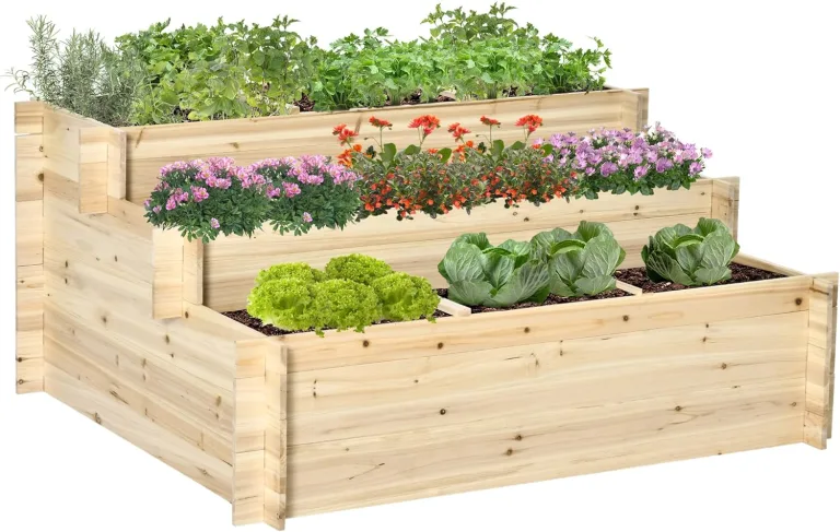Outsunny Hochbeet Holz, Pflanzbeet Frühbeet Gartenbeet Blumentreppe Gemüsebeet 117 x 100 x 54 cm für Garten Balkon Terrasse, Pflanzentreppe für Blumen, Pflanzen,Obst, Gemüse – Bild 1