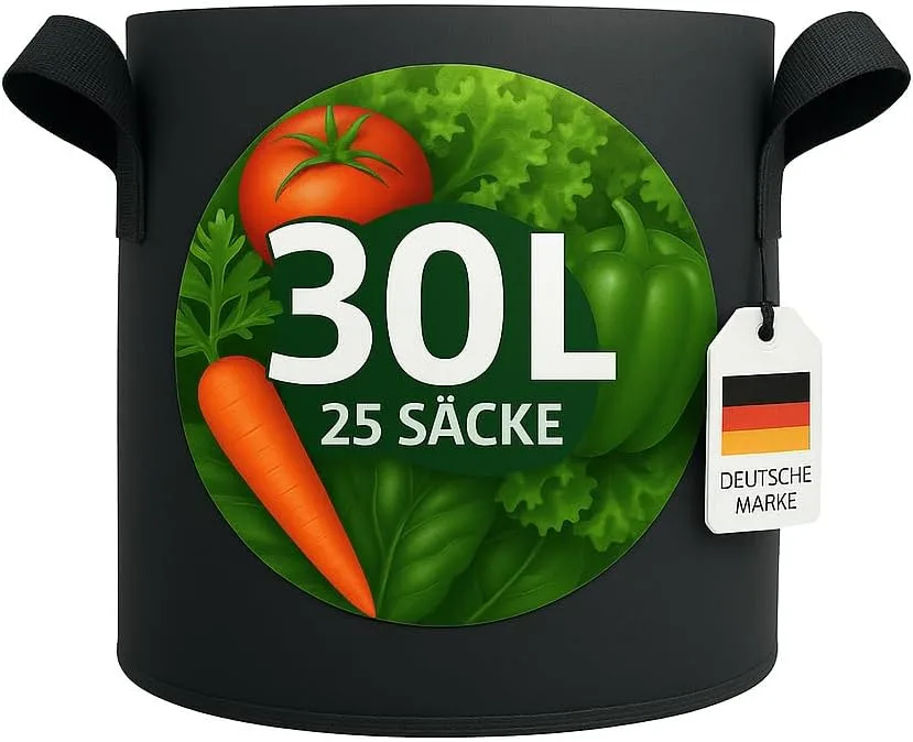 König Design 25x 30L Pflanzsack aus Vlies Stoff - 25er Set 30L Pflanztaschen aus 300 g/m² Filz & Vliesstoff - Pflanzgefäß Pflanzbeutel für Balkon Terrasse Gewächshaus & Garten - Bild 1