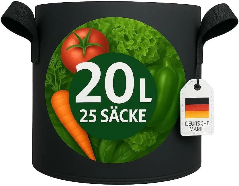 König Design 25x 20L Pflanzsack aus Vlies Stoff - 25er Set 20L Pflanztaschen aus 300 g/m² Filz & Vliesstoff - Pflanzgefäß Pflanzbeutel für Balkon Terrasse Gewächshaus & Garten - Bild 1