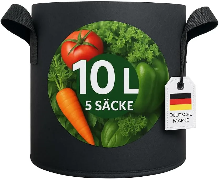 König Design 5X 10L Pflanzsack aus Vlies Stoff - 5er Set 10L Pflanztaschen aus 300 g/m² Filz & Vliesstoff - Pflanzgefäß Pflanzbeutel für Balkon Terrasse Gewächshaus & Garten