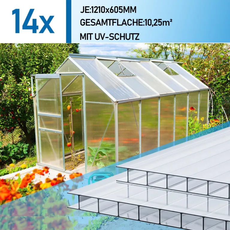 14x Polycarbonat Hohlkammerstegplatten 4mm, 10,25 m² Polycarbonatplatten ,50x Klammern, 50x Z-Clips, 60.5 x 121cm Doppelstegplatte, Stegplatte Gewächshausplatte UV-beständigen für Gewächshaus – Bild 2