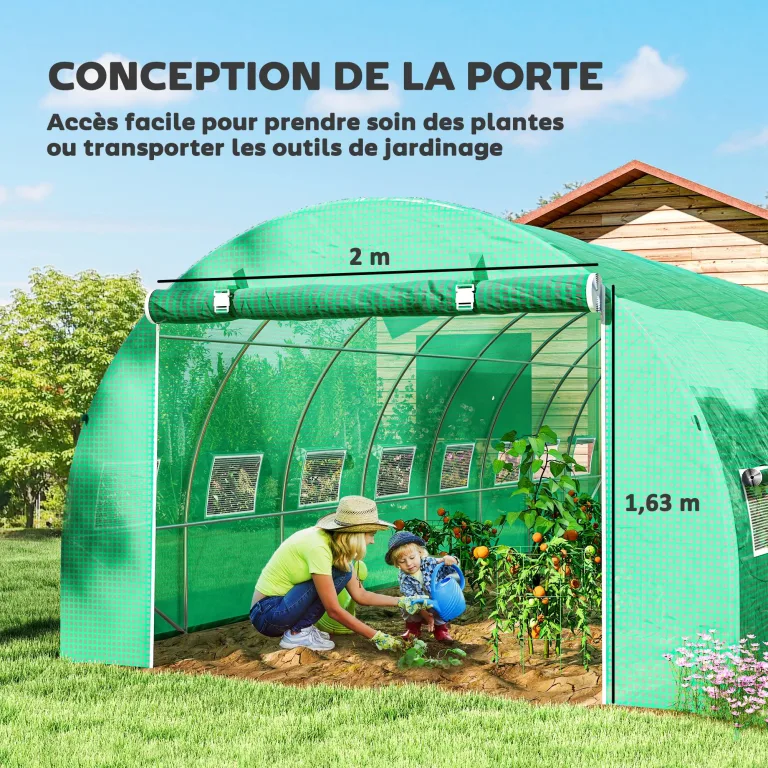Outsunny Garten-Gewächshaus, Tunnel, 24 m², 8 x 3 x 2 m – 16 Fenster, Tür mit Reißverschluss, aufrollbar – Rohrgestell, verzinkter Stahl, Abdeckplane aus hochdichtem Polyethylen, Grün – Bild 4